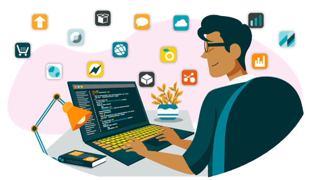 Man coding with apps floating around him