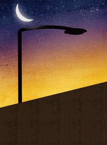 a street light is silhouetted against a sunset sky with a crescent moon
