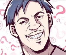 a cartoon drawing of a man with blue hair smiling with pink question marks around him