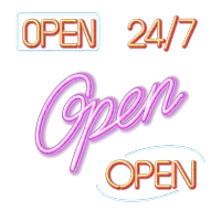 a neon sign that says open 24/7 open