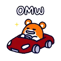 a cartoon of a teddy bear driving a red car with the word omw above him
