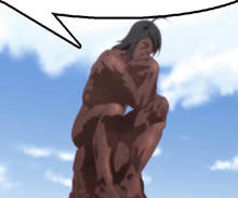 a naked man with a speech bubble above him