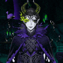 a demon with horns and a purple cape