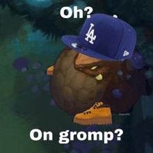 a monster wearing a la dodgers hat and yellow boots