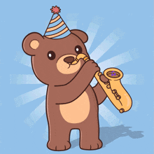 a bear wearing a party hat plays a saxophone