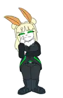 a cartoon drawing of a rabbit with a green eye