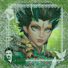 a picture of a woman with green hair and blue eyes is surrounded by lace and doves