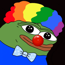 a green frog with a red nose and rainbow hair