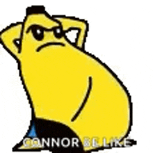 a cartoon banana wearing sunglasses and a blue shirt is sitting down with its hand on its head .