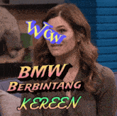 a woman with a sticker on her face that says wow