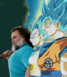 a man with a beard is singing into a microphone in front of a dragon ball z character .
