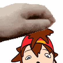 a cartoon character with a red hat is being pummeled by a hand