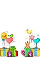 a cartoon illustration of gifts and balloons with a teddy bear in the middle