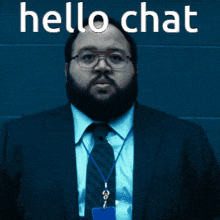a man with a beard and glasses is wearing a lanyard that says hello chat