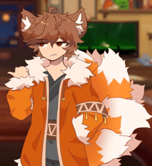 a cartoon drawing of a boy with a fox tail wearing an orange jacket