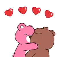 a pink teddy bear and a brown teddy bear are hugging with hearts coming out of their mouths