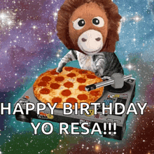 a stuffed monkey is holding a pepperoni pizza on a turntable with the words happy birthday yo resa