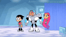 a group of cartoon characters standing next to each other including a robot