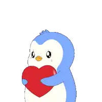 a blue penguin is holding a red heart in its arms