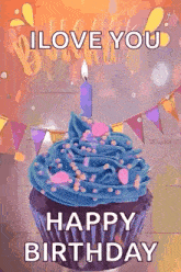 a cupcake with blue frosting and a candle is on a birthday card that says `` i love you happy birthday '' .