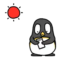 a cartoon of a penguin holding a cell phone in front of a sun