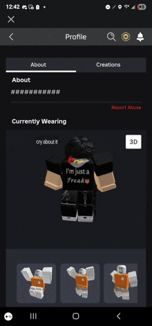 a screenshot of a person 's profile with a shirt that says i 'm just a freak on it
