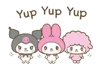 three cartoon characters are standing next to each other and the words yup yup yup