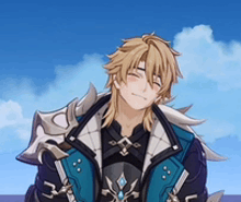 a man with blonde hair is wearing a blue jacket and smiling .