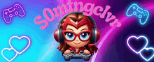 a girl wearing headphones is holding a video game controller and the word somingclvn is visible above her