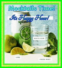 a can of sparkling water sits next to a measuring cup with white rum in it