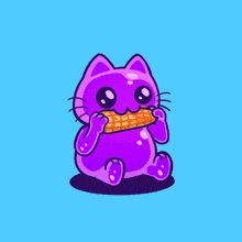 a purple cartoon cat is eating a waffle on a blue background