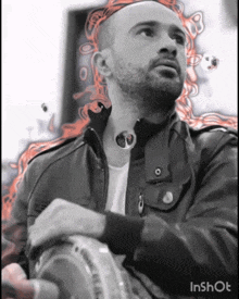 a black and white photo of a man with the words inshot at the top