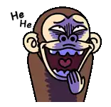 a cartoon monkey is laughing with a heart in his mouth and says he he .