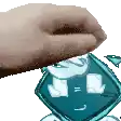 a person 's hand is reaching out towards a blue square with a white face on it .