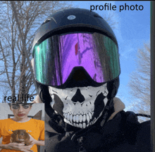 a picture of a person wearing a helmet and goggles and a picture of their real life