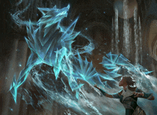 a painting of a woman standing next to a giant ice wolf