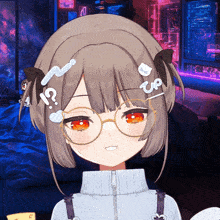a girl wearing glasses has a question mark on her head