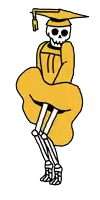a drawing of a skeleton wearing a yellow graduation cap and gown