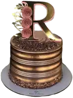 a chocolate cake with a letter r on top of it