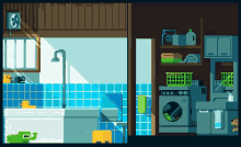 a pixel art of a bathroom with a washing machine and a sink