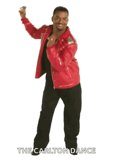 a man in a red jacket and black pants is dancing with the words the carlton dance behind him