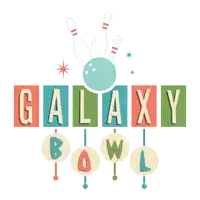 a colorful galaxy bowl logo with a bowling ball and pins