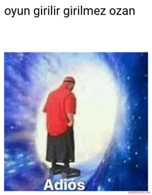 a man in a red shirt is standing in front of a white circle with the words adios written below him