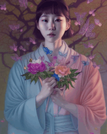 a painting of a woman holding flowers with butterflies surrounding her
