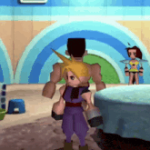 a video game character is standing in a room with a woman behind him
