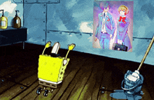 a cartoon of spongebob cleaning a room with a picture of a man and a woman on the wall