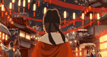 a woman in a red dress stands in a crowded street with lanterns hanging from the roofs