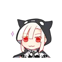 a girl with white hair and red eyes is wearing a black cat hoodie