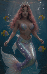 a mermaid with pink hair and a crown on her head is surrounded by fish