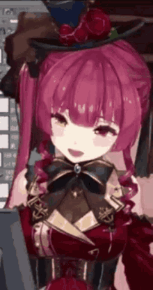 a close up of a pink haired anime girl wearing a top hat and a bow tie .